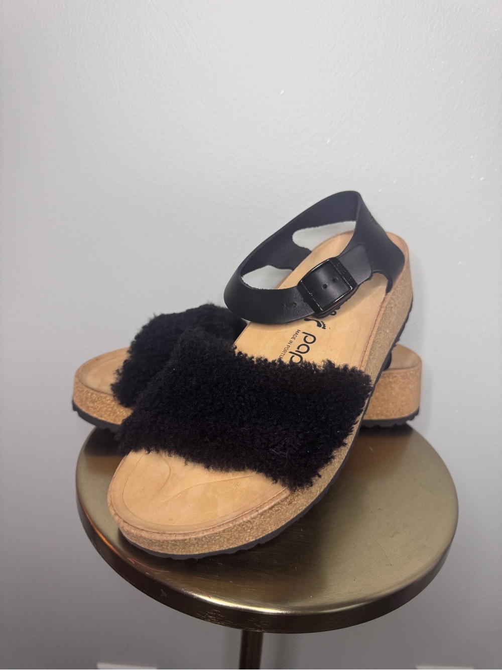 Birkenstock Black Shearling Cork Wedge Sandals